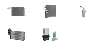 KRONTEK air-conditioning and heating parts: a condenser, an evaporator, a receiver drier, a heater core, and a blower regulator with a resistor pack