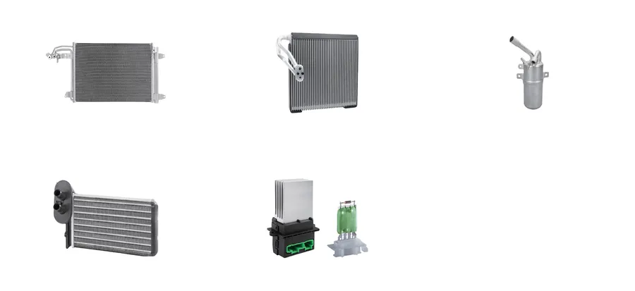 KRONTEK air-conditioning and heating parts: a condenser, an evaporator, a receiver drier, a heater core, and a blower regulator with a resistor pack