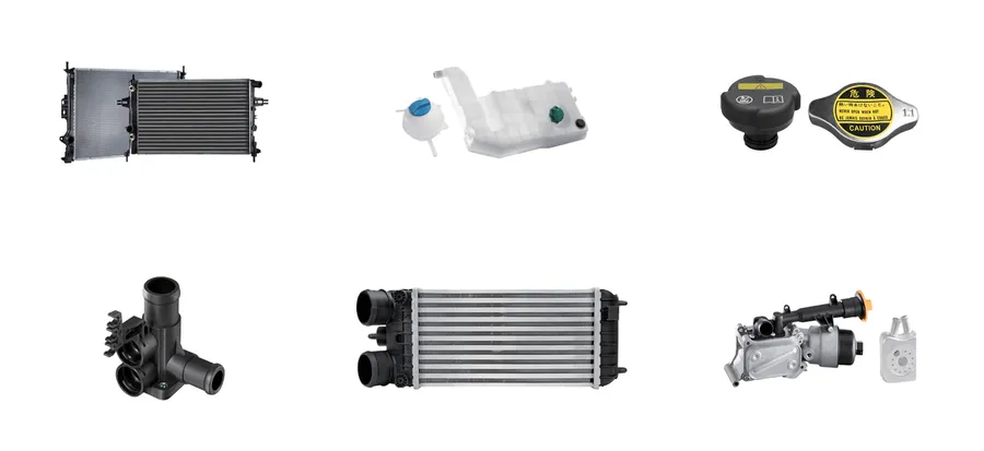 KRONTEK engine cooling parts: two radiators, an expansion tank, two caps, a coolant flange, an intercooler and an oil cooler