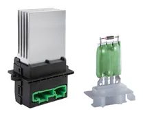 KRONTEK blower resistor and fan control module: a finned electronic regulator with a green connector, and a ceramic resistor pack on its carrier